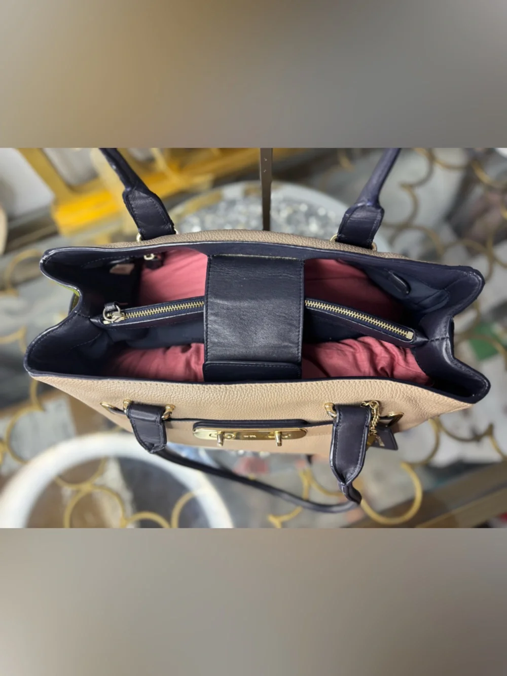 Coach 2015 Swagger Carryall Colorblock Leather Tote Satchel STONE Green Navy EUC - Picture 5 of 15